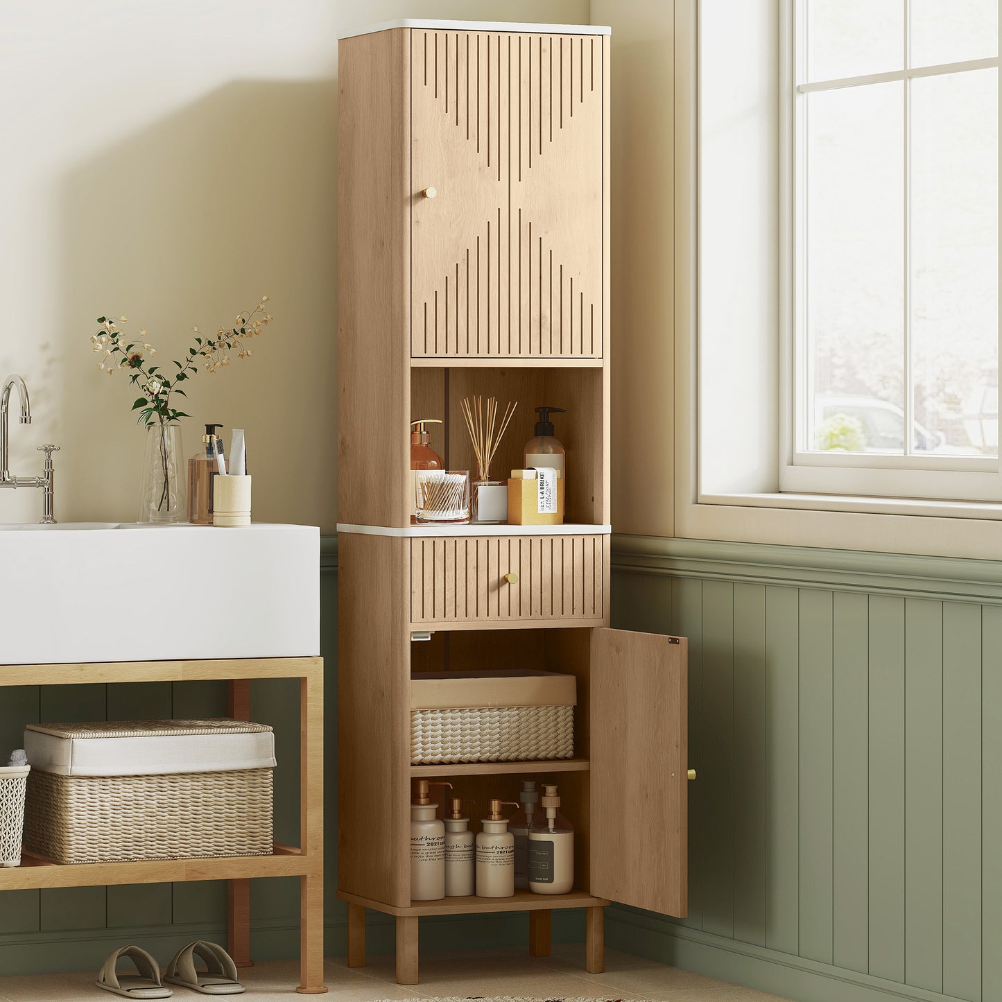168 cm Tall Bathroom Cabinet with Drawer and Adjustable Shelves, Oak