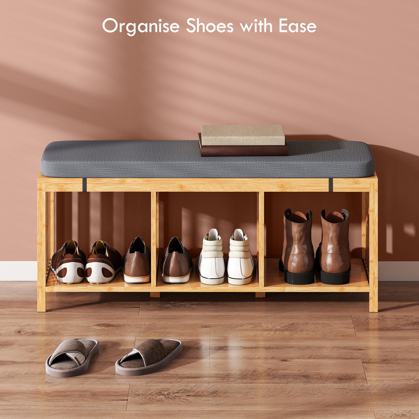 Shoe Rack with Seat, Bamboo Storage Bench, Natural Wood Finish