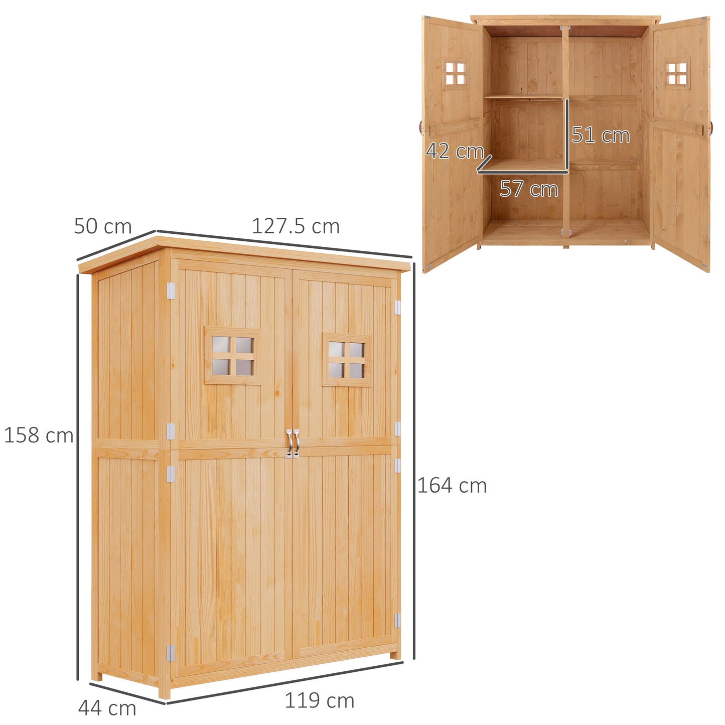 Wooden Garden Storage Shed Tool Cabinet Organiser with Shelves, Two Windows- Natural