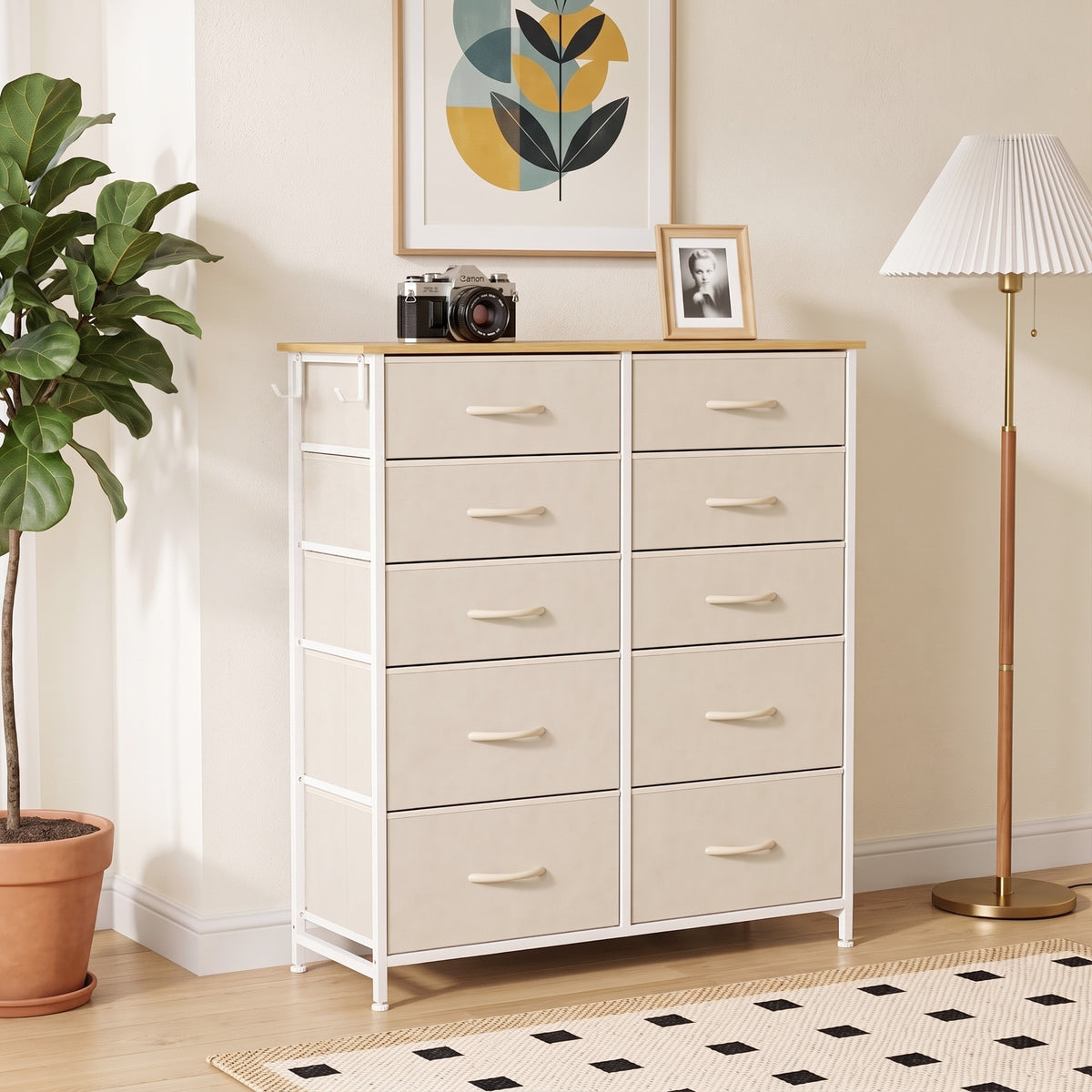 Fabric Chest of Drawers, 10 Drawer Dresser for Bedroom, Beige