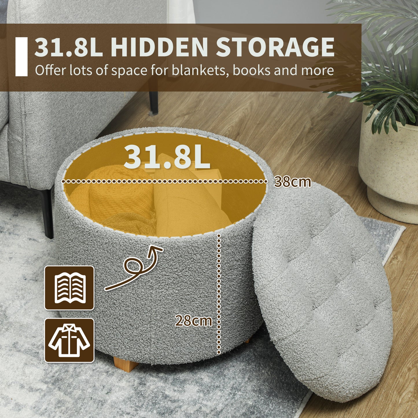 45cm Round Ottoman with Storage, Lid, Cashmere Footstool, Grey