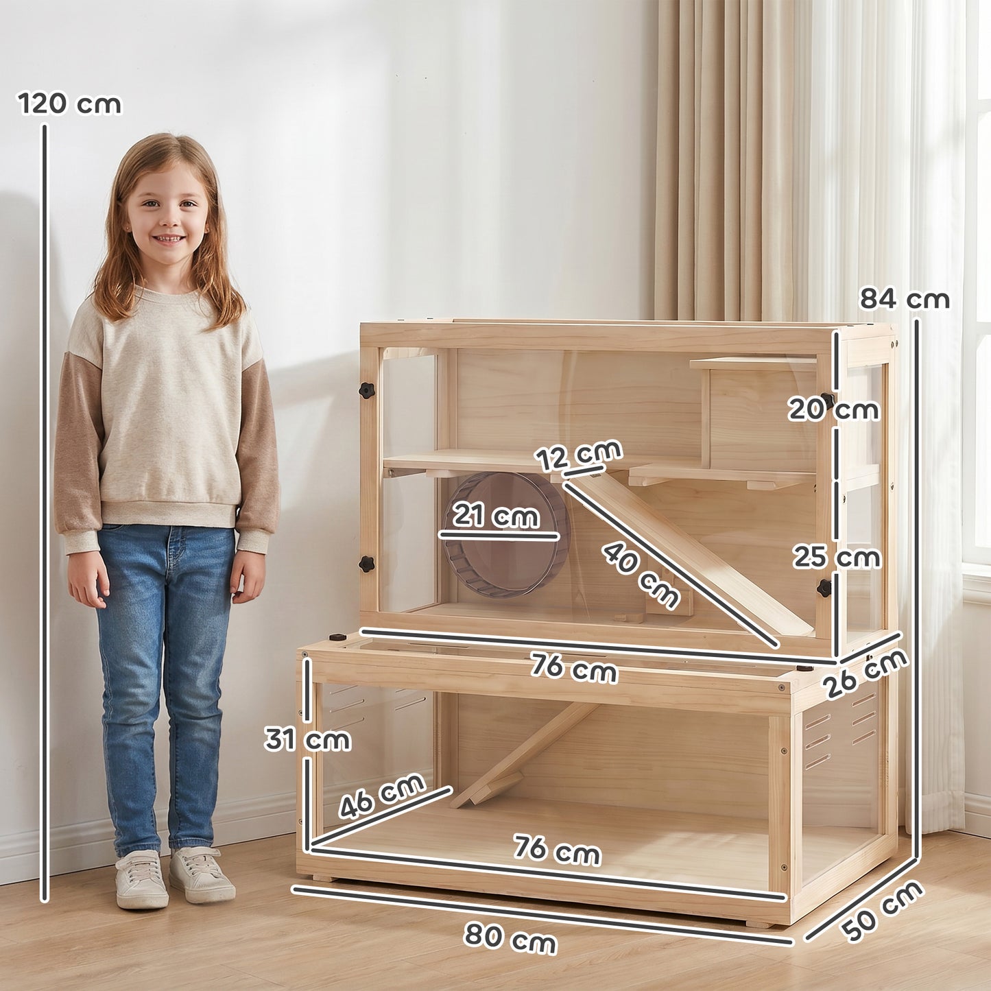 Wooden Hamster Cage, Large Gerbil Cage with Hut, Wheel, Ramps, 3 Tier Small Animal Habitat with Removable Viewing Panels, 80 x 50 x 84 cm, Natural