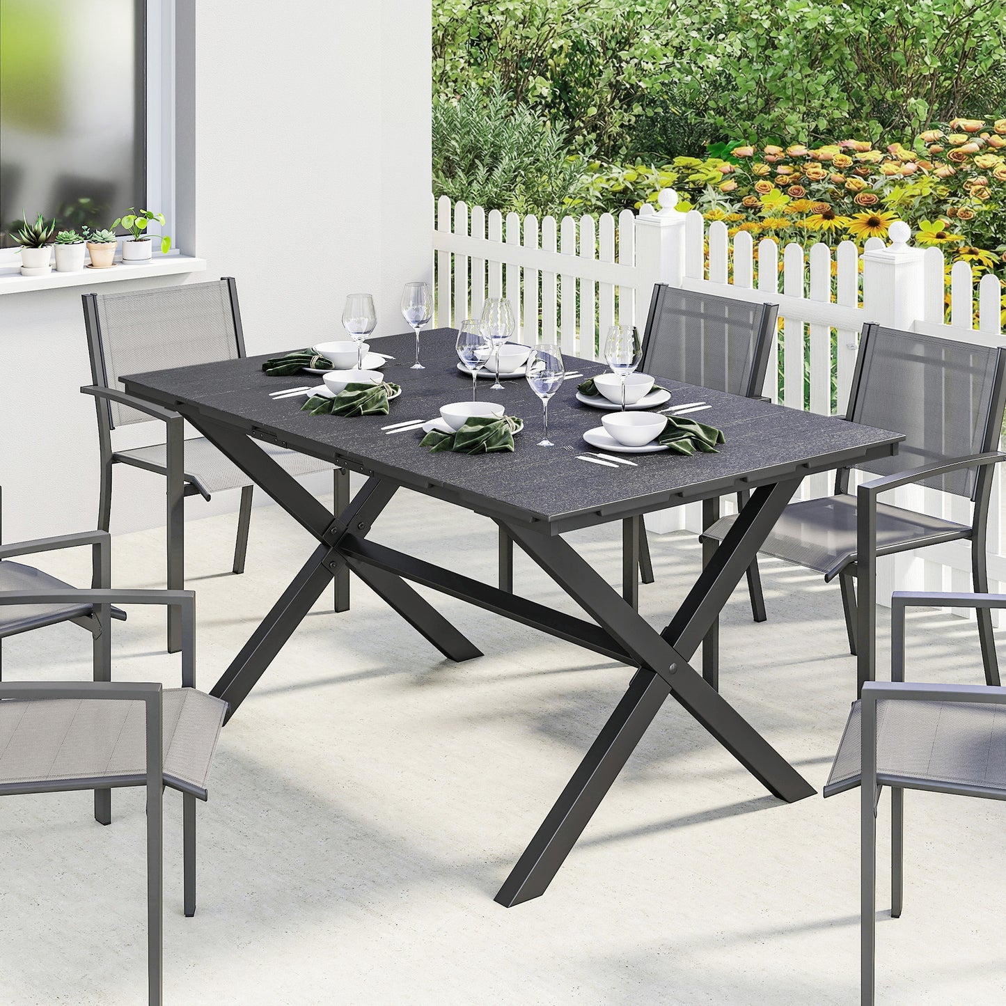 Garden Dining Table, Outdoor Table for 6, Wood Effect Top, Black