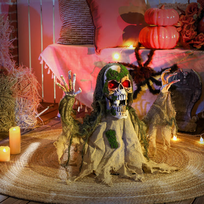 Sound-Activated Half-Body Halloween Skeleton with Moving Head and Body, Lights and Howling Sounds - Khaki