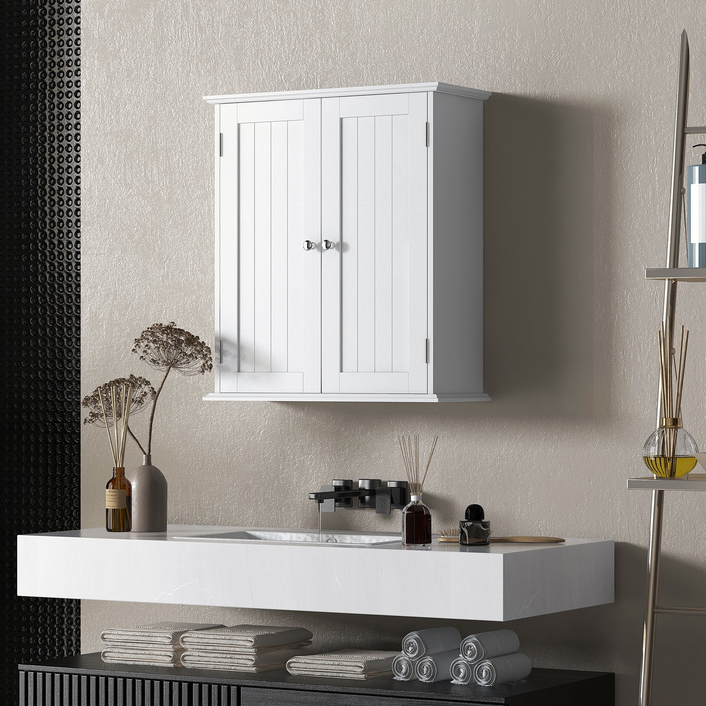 Bathroom Wall Cabinet, 3-Tier Wall-Mounted Bathroom Storage Cabinet with Adjustable Shelf, 2 Doors, Space Saver Medicine Cupboard, 53 x 22 x 61 cm, White