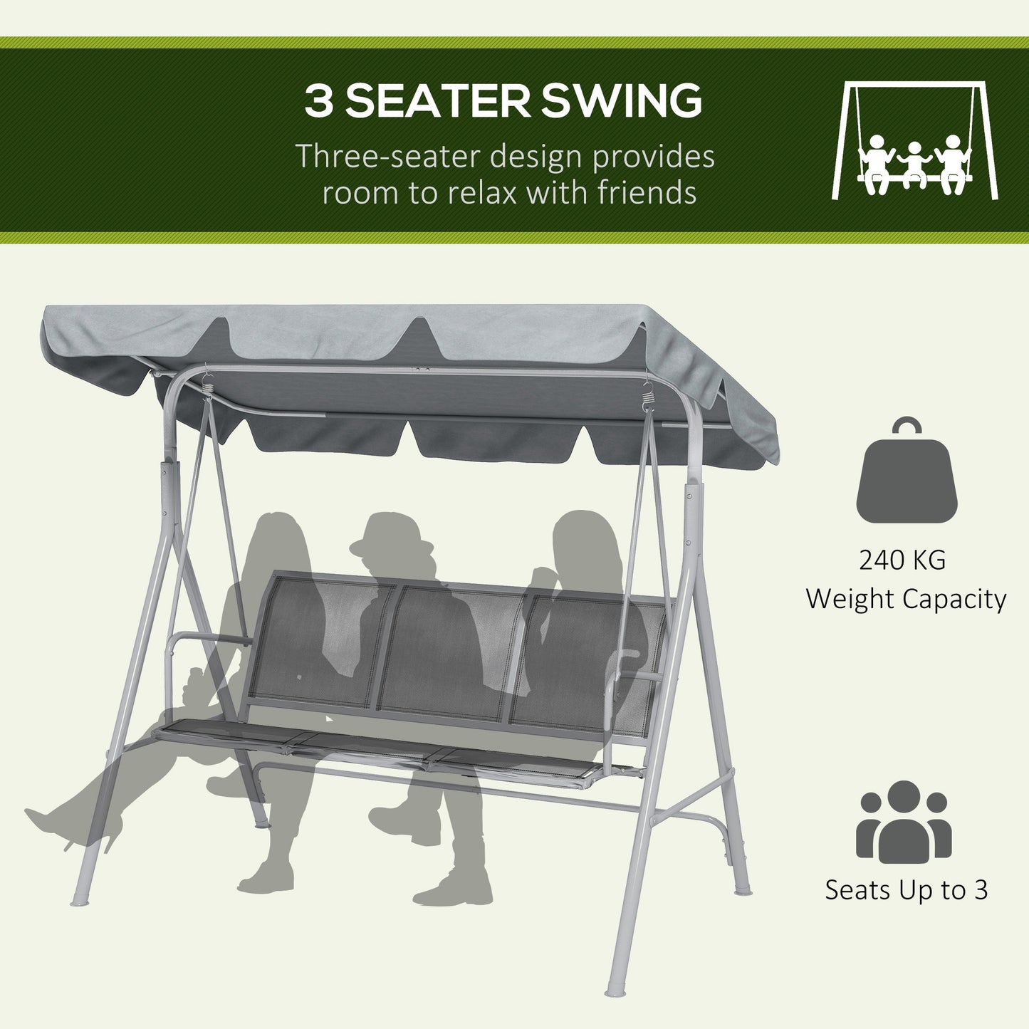 Metal Garden Swing Chair, 3-Seater Swing Seat, Patio Hammock Bench Canopy Lounger, Grey