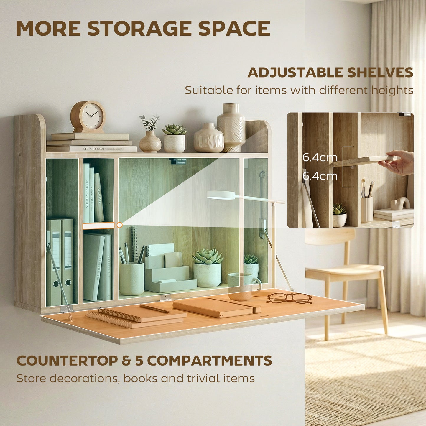 Wall Mounted Table w/ Space Saving Storage Compartments, Oak