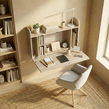 Wall Mounted Table w/ Space Saving Storage Compartments, Oak