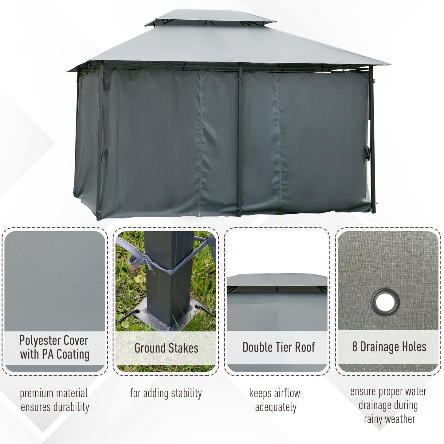 Outsunny 4m x 3(m) Steel Gazebo Canopy Party Tent Garden Pavillion Patio Shelter Pavilion with Curtains Sidewalls Grey