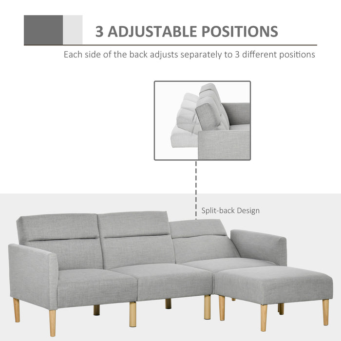 OUT OF STOCK - L Shape Sofa Bed Set, Linen Fabric Corner Sofa Bed with Rubber Wood Legs and Footstool, Light Grey