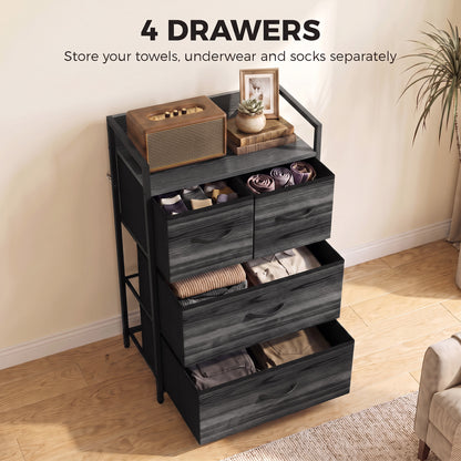 4-Drawer Fabric Chest with Top Shelf and Steel Frame - Black Wood Effect