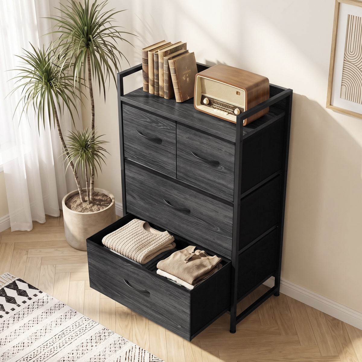 4-Drawer Fabric Chest with Top Shelf and Steel Frame - Black Wood Effect