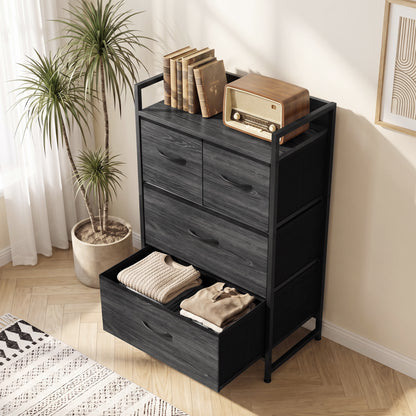 4-Drawer Fabric Chest with Top Shelf and Steel Frame - Black Wood Effect