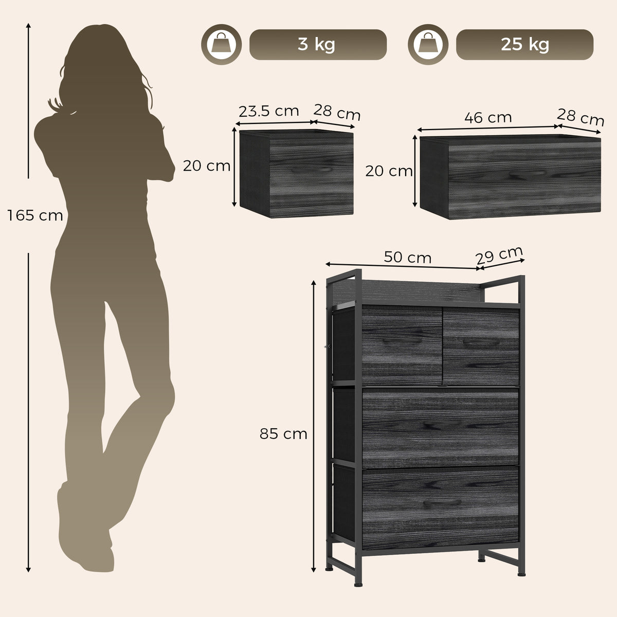 4-Drawer Fabric Chest with Top Shelf and Steel Frame - Black Wood Effect