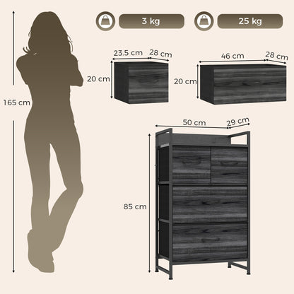 4-Drawer Fabric Chest with Top Shelf and Steel Frame - Black Wood Effect