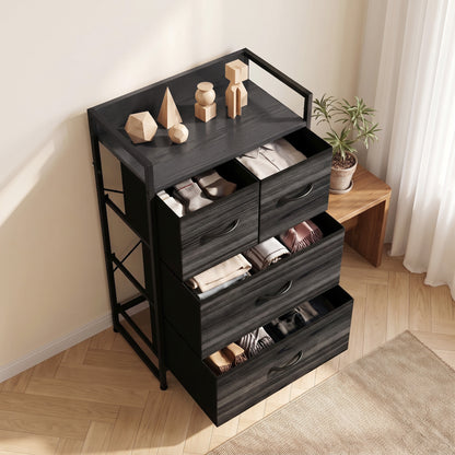 4-Drawer Fabric Chest with Top Shelf and Steel Frame - Black Wood Effect
