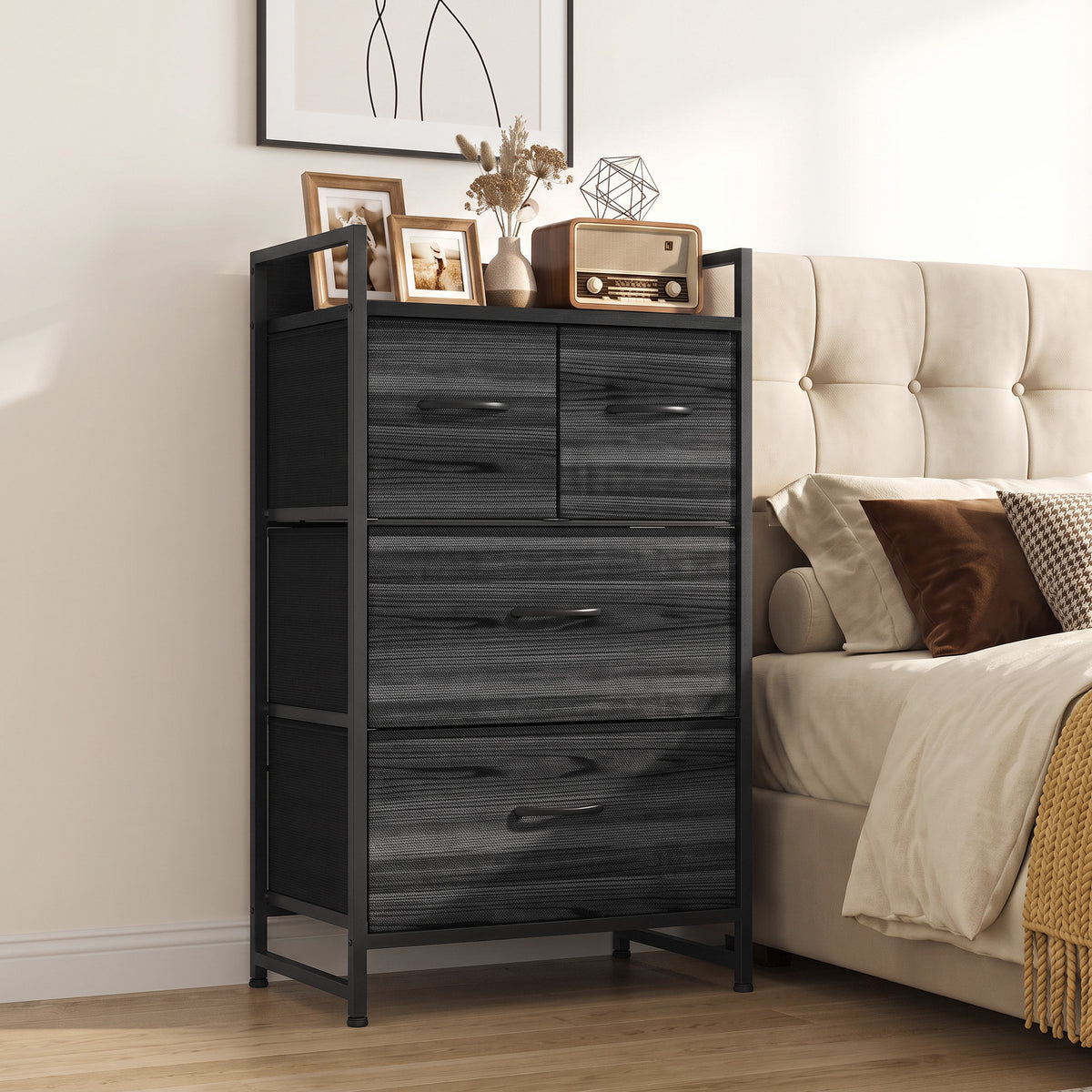 4-Drawer Fabric Chest with Top Shelf and Steel Frame - Black Wood Effect