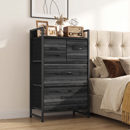 4-Drawer Fabric Chest with Top Shelf and Steel Frame - Black Wood Effect
