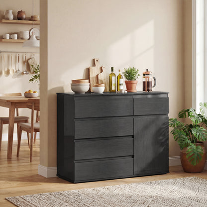 Sideboard Storage Cabinet, Kitchen Cupboard with 5 Drawers, Black