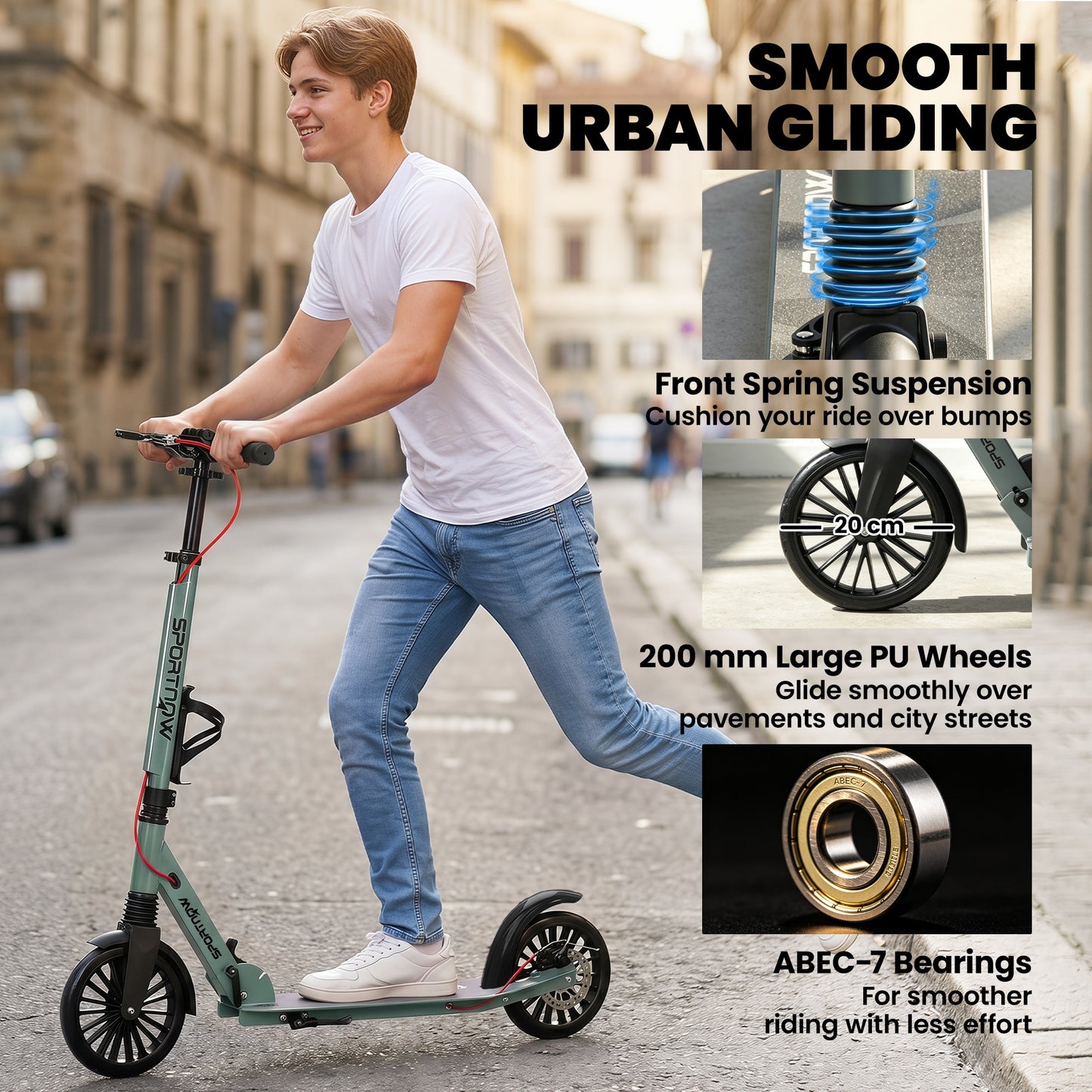 Foldable Kick Scooter with Height Adjustable Handlebar, One-click Folding Adult Scooters with 200 mm Big Wheels, Shock Absorption, ABEC-7 Bearings, Dual Brake System, Aluminium Frame, Silver Tone