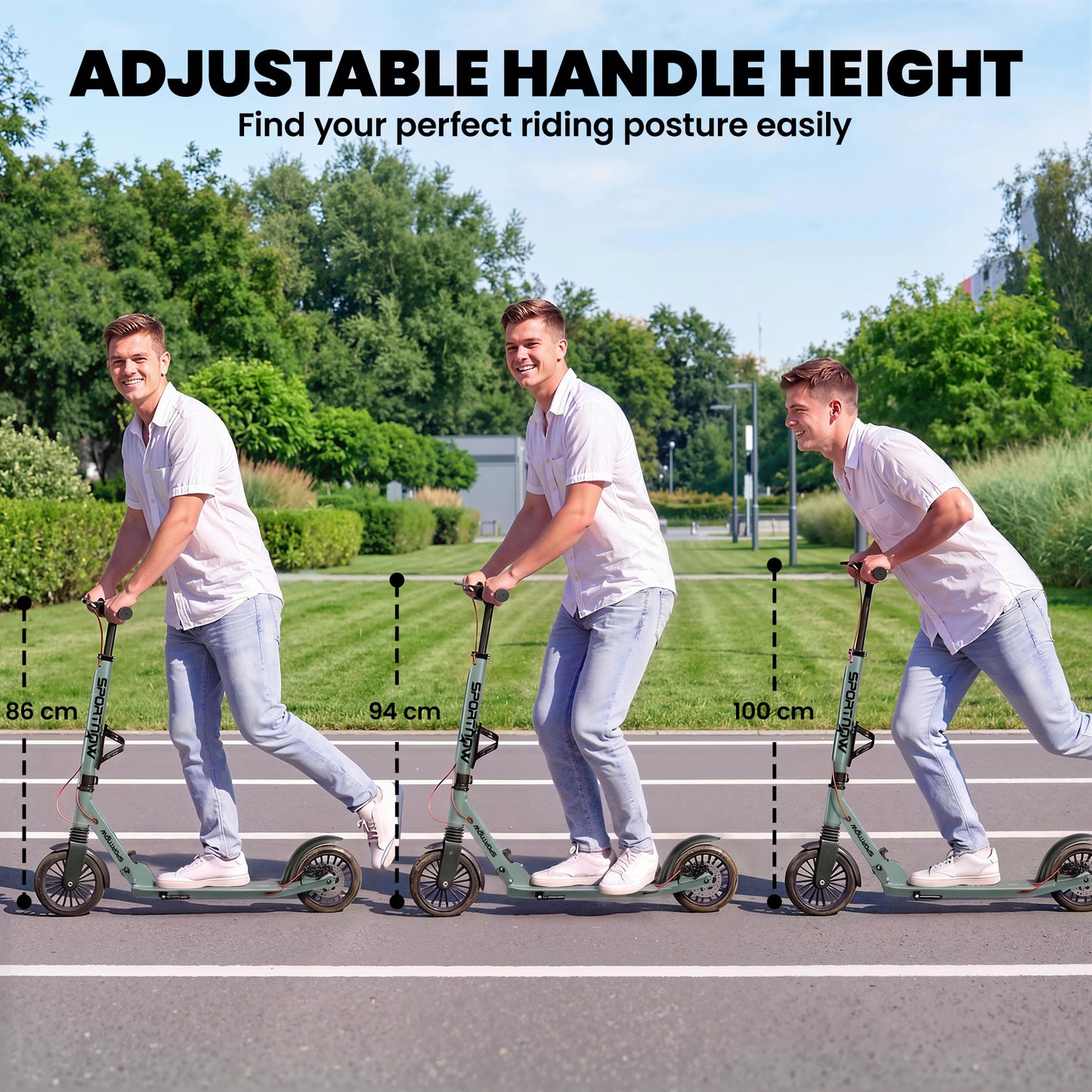 Foldable Kick Scooter with Height Adjustable Handlebar, One-click Folding Adult Scooters with 200 mm Big Wheels, Shock Absorption, ABEC-7 Bearings, Dual Brake System, Aluminium Frame, Silver Tone