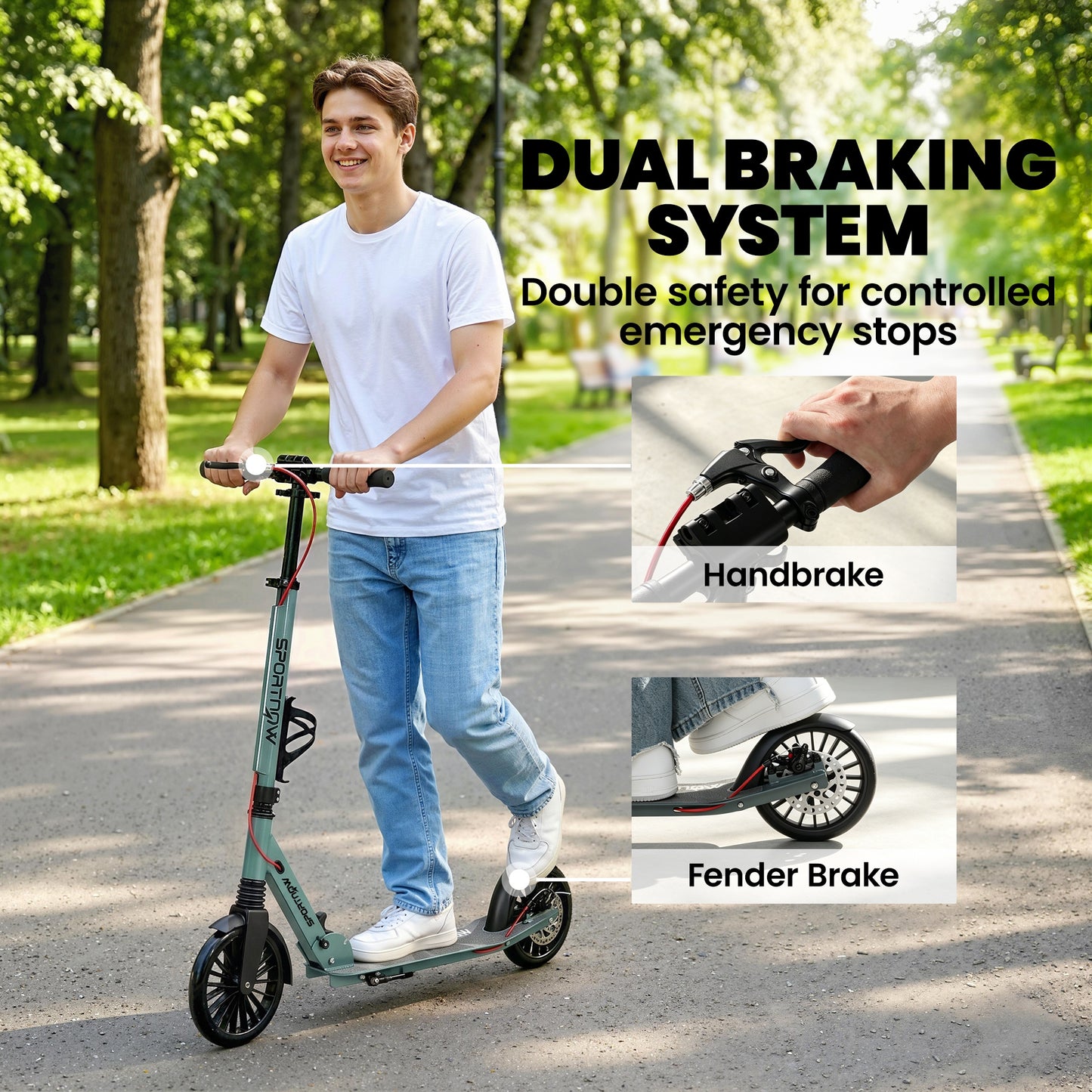 Foldable Kick Scooter with Height Adjustable Handlebar, One-click Folding Adult Scooters with 200 mm Big Wheels, Shock Absorption, ABEC-7 Bearings, Dual Brake System, Aluminium Frame, Silver Tone
