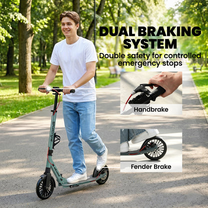Foldable Kick Scooter with Height Adjustable Handlebar, One-click Folding Adult Scooters with 200 mm Big Wheels, Shock Absorption, ABEC-7 Bearings, Dual Brake System, Aluminium Frame, Silver Tone