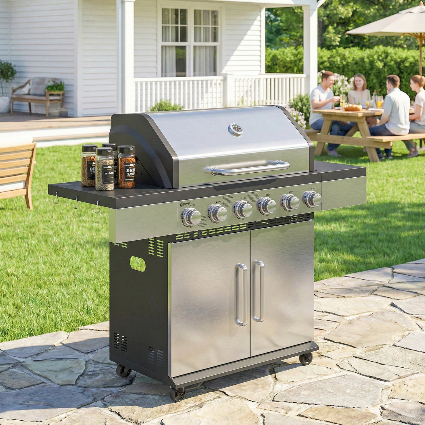 6 Burner Liquid Propane Gas BBQ Grill, Portable Gas Barbecue Grill