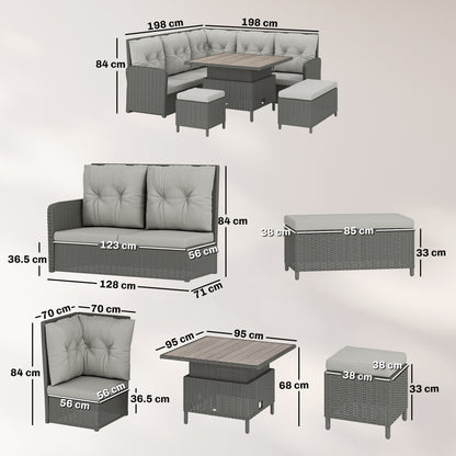 6 PCs Rattan Garden Furniture Sectional Corner Sofa, Dark Grey