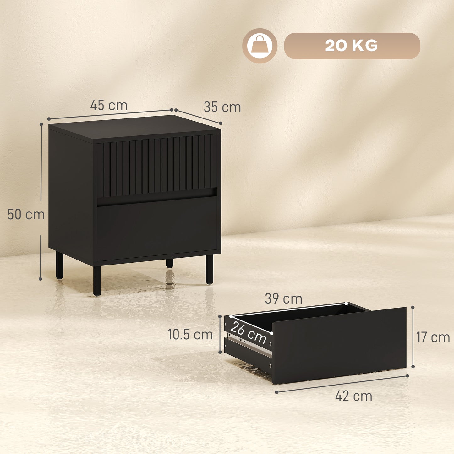 Bedside Cabinet with 2 Drawers, Storage and Steel Legs, Black