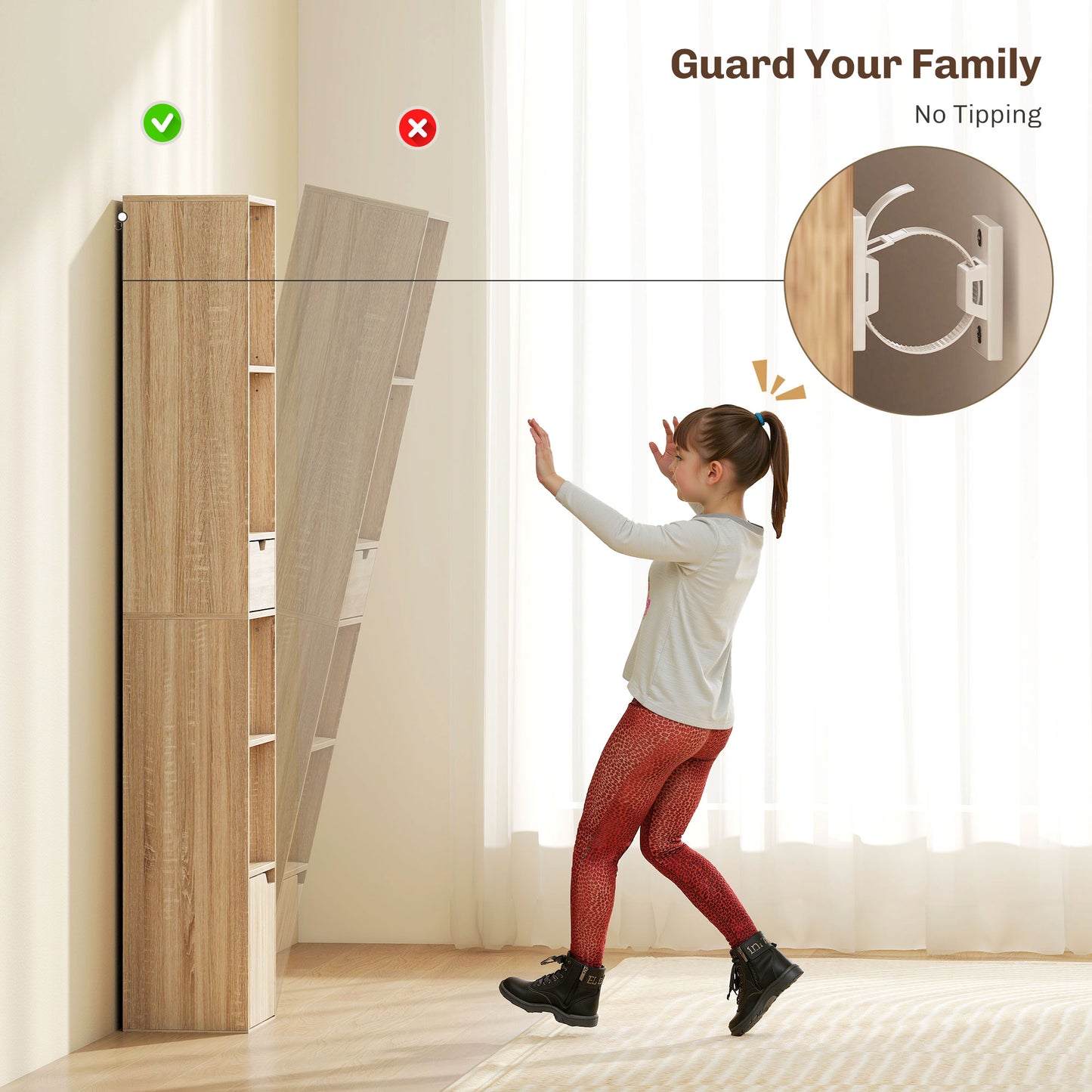 Narrow Bookshelf with Drawer, Tall Bookcase for Living Room, Natural