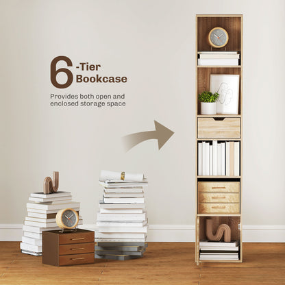 Narrow Bookshelf with Drawer, Tall Bookcase for Living Room, Natural