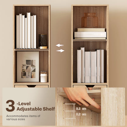 Narrow Bookshelf with Drawer, Tall Bookcase for Living Room, Natural