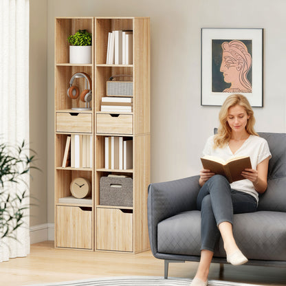 Narrow Bookshelf with Drawer, Tall Bookcase for Living Room, Natural