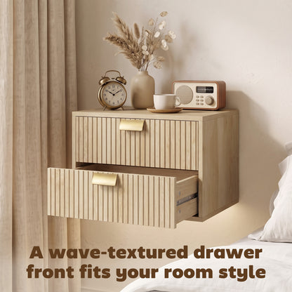 2pcs Modern Floating Nightstands,  2 Drawers Bedside Tables, Oak
