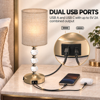 Crystal-Effect Bedside Lamp with USB-A and USB-C (Bulb Not Included) - Gold & Beige