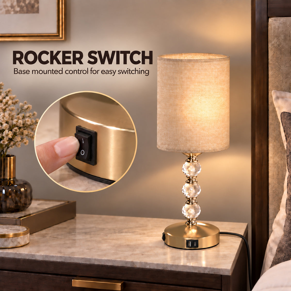 Crystal-Effect Bedside Lamp with USB-A and USB-C (Bulb Not Included) - Gold & Beige