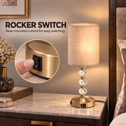 Crystal-Effect Bedside Lamp with USB-A and USB-C (Bulb Not Included) - Gold & Beige