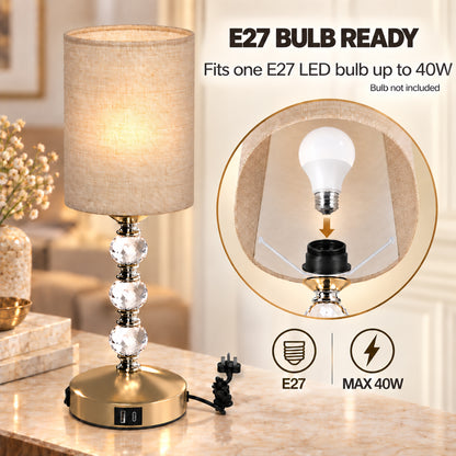 Crystal-Effect Bedside Lamp with USB-A and USB-C (Bulb Not Included) - Gold & Beige