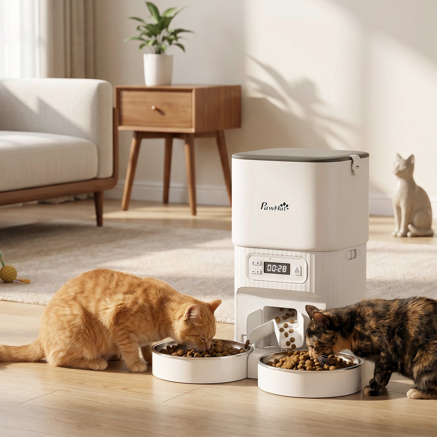 Automatic Cat Feeder with 2 Stainless Steel Bowls, 4L Pet Food Dispenser with Portion Control for 1–6 Meals Daily, Anti-Clogging Design, Dual Power Supply
