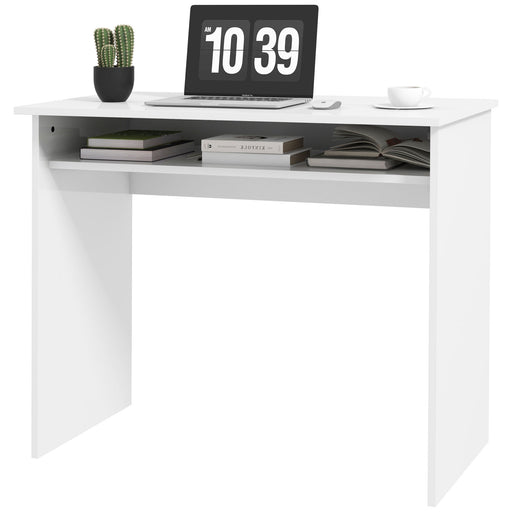 90 x 50cm Computer Table, Modern Home Office Desk, Small Writing Desk with Storage Shelf, High Gloss White