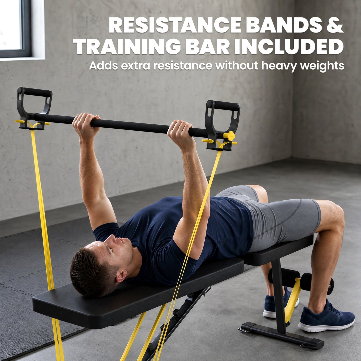 Adjustable Weight Bench for Home Gym, 300kg Incline Decline Flat Foldable Bench Press with 7 Backrest Positions and Resistance Bands, for Full Body Strength Training Weight Lifting, Yellow
