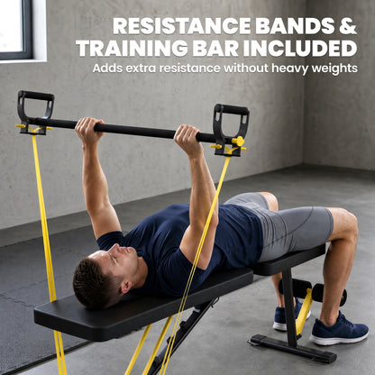 Adjustable Weight Bench for Home Gym, 300kg Incline Decline Flat Foldable Bench Press with 7 Backrest Positions and Resistance Bands, for Full Body Strength Training Weight Lifting, Yellow