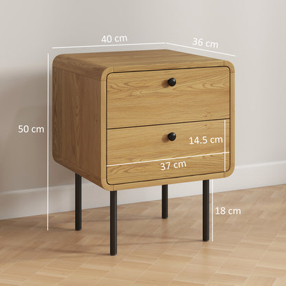 Bedside Table, Modern Nightstand with 2 Drawers Rounded Edges, Oak