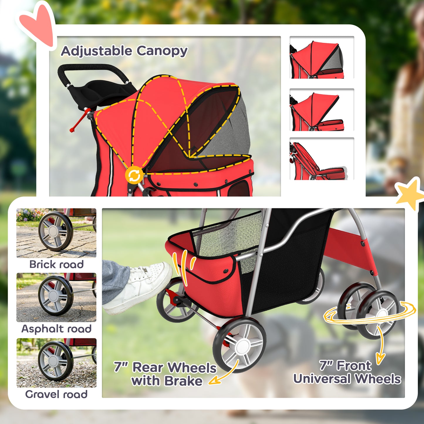 Dog Pram, Foldable Pet Stroller for Small Miniature Dogs Cats, Pet Buggy Pushchair with 360° Swivel EVA Wheels, Brake, Reflective Strips, Mesh Windows, Washable Cushion, Red