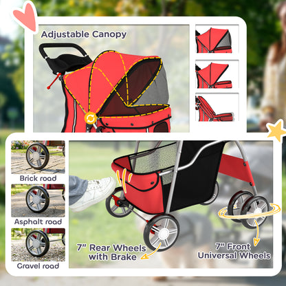 Dog Pram, Foldable Pet Stroller for Small Miniature Dogs Cats, Pet Buggy Pushchair with 360° Swivel EVA Wheels, Brake, Reflective Strips, Mesh Windows, Washable Cushion, Red