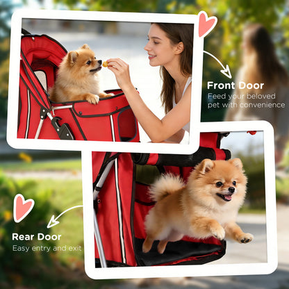 Dog Pram, Foldable Pet Stroller for Small Miniature Dogs Cats, Pet Buggy Pushchair with 360° Swivel EVA Wheels, Brake, Reflective Strips, Mesh Windows, Washable Cushion, Red