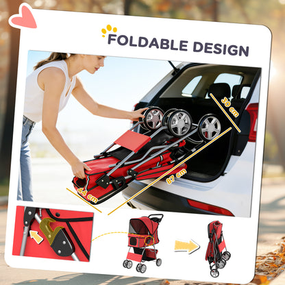 Dog Pram, Foldable Pet Stroller for Small Miniature Dogs Cats, Pet Buggy Pushchair with 360° Swivel EVA Wheels, Brake, Reflective Strips, Mesh Windows, Washable Cushion, Red