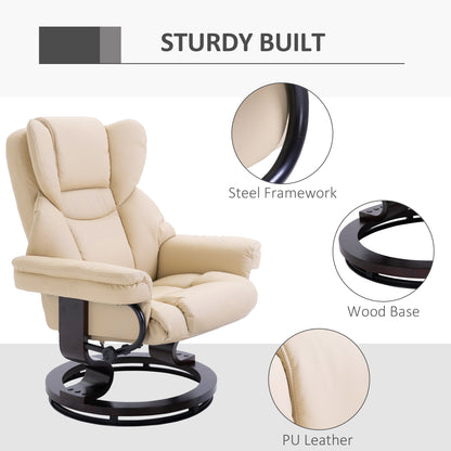 PU Leather Manual Reclining Armchair Footstool Padded Seat Cream