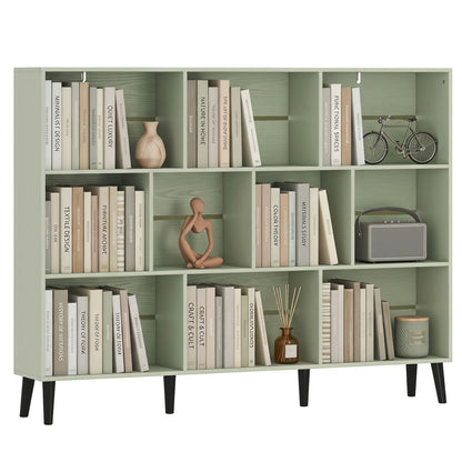 Bookshelf with 10 Cubbies, Book Shelf with Wood Legs, Light Green